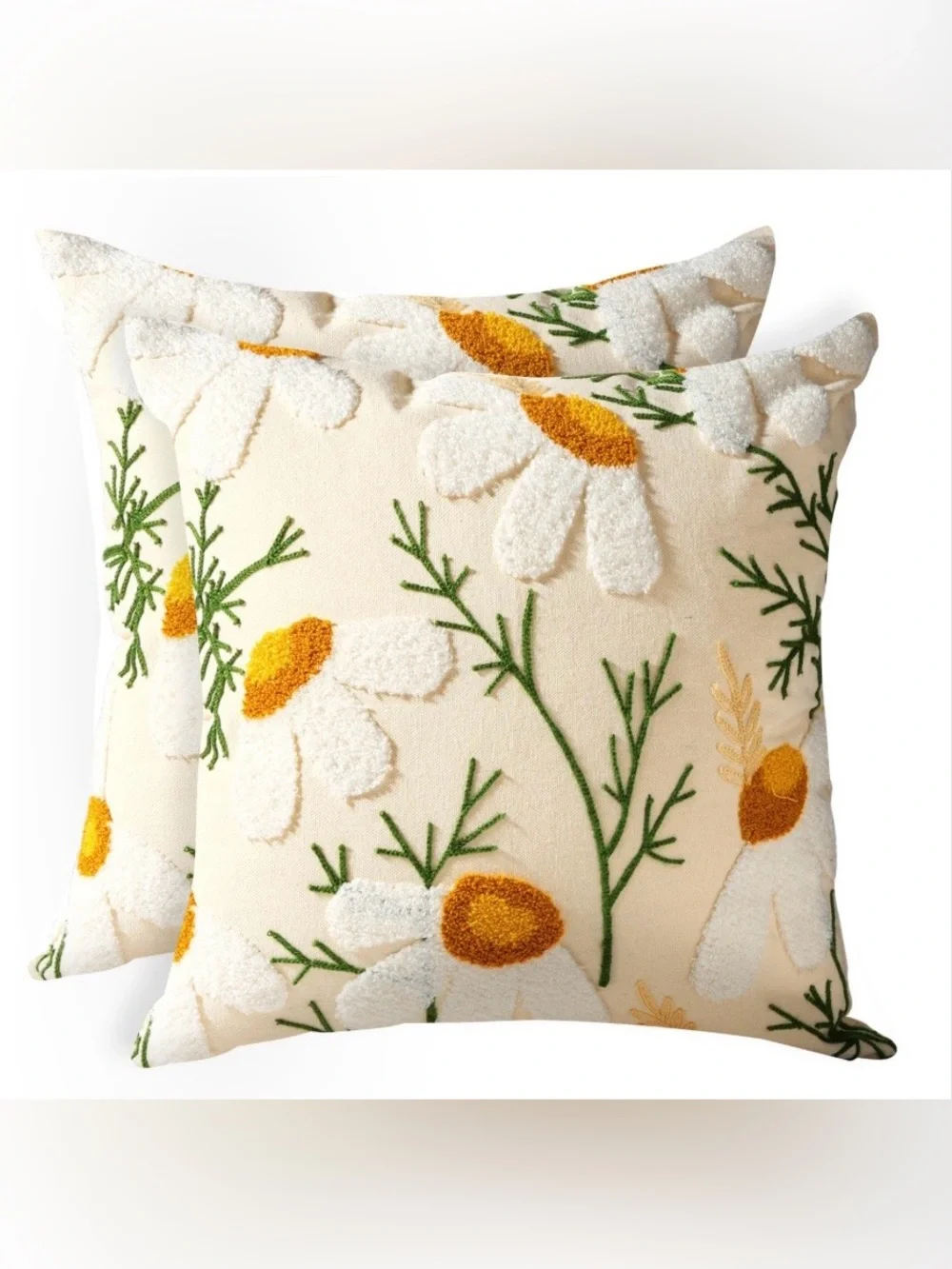 Embroidered Daisies Pillow Covers SQUARE 18x18” (2-Pack) GOLD GREEN